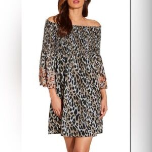 Boston Proper Smocked Embellished Off Shoulder Leopard Dress Size S